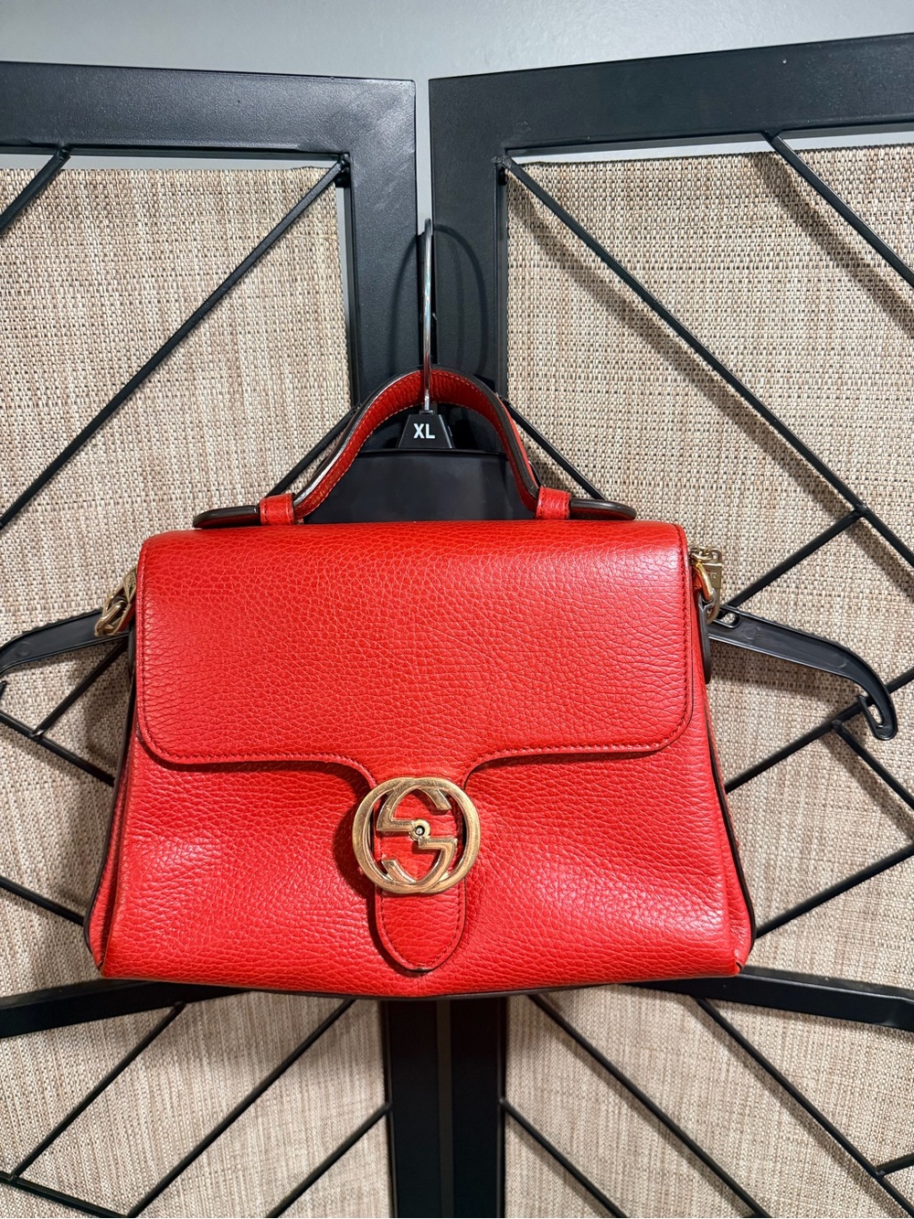 Gucci Red Pebbled Leather Top Handle Crossbody with Gold GG - MINT CONDITION